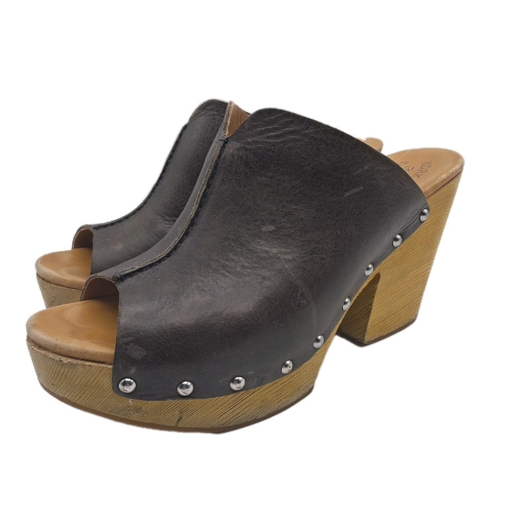 Kork-Ease Harlin Clogs Womens 10 Brown Leather Studded Wood Platform Mules Heels